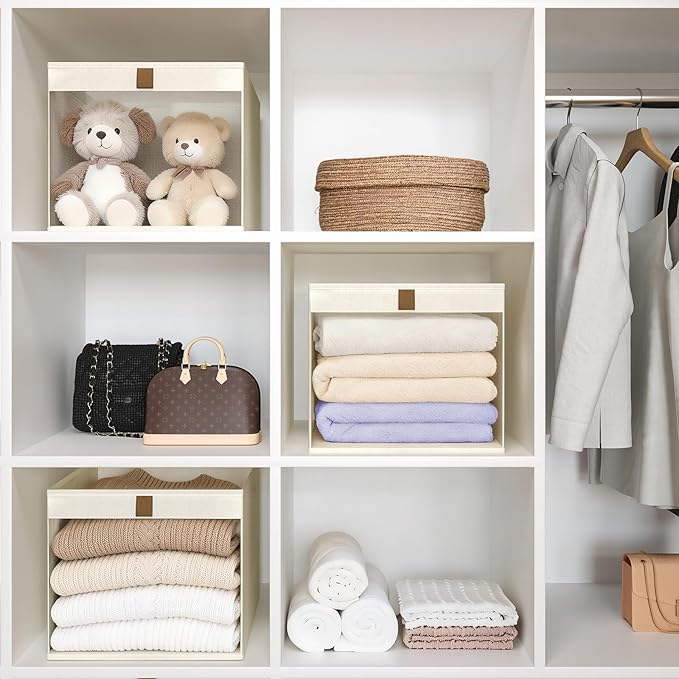 Linen Closet Organizers and Storage, Closet Storage Bins Basket Organizer, Foldable Organization Baskets with Mesh Window for Clothes Towels and Toys, 11" x 11" x 11", Beige, 2 pack