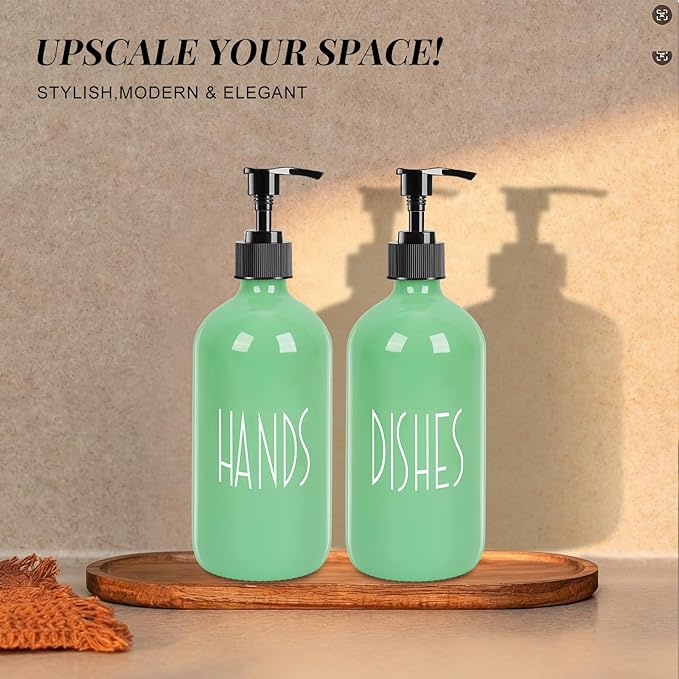 Dish Soap Dispenser for Kitchen - 16 OZ Glass Hand Soap Dispenser Set - Kitchen Bathroom Decor and Accessories (Avocado Green)