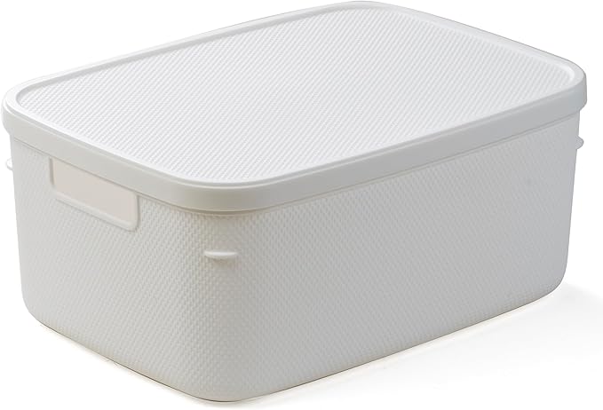BINO | Plastic Storage Bins with Lids, 13 Liter - 3 Pack, White | THE TWILL COLLECTION | Plastic Bins for Organization | Woven Storage Baskets for Organizing | Pantry Shelf Organizer Basket Bin