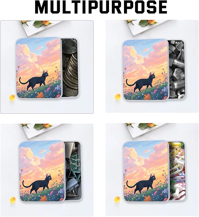Metal Tin Box with Lid,Multi-functional Storage Large Box Can Store Tea Biscuits Game Cards, Playing & Tarot Cards-Comes with 4 Magnetic Cord Clips,Black Cat in Flower Field