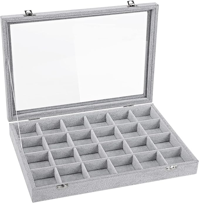 Emibele Velvet Jewelry Organizer Box, 24 Grids with Clear Lid Rings Earrings Bracelets Necklace Organizer Tray Showcase Display Jewelry Storage Case, Grey