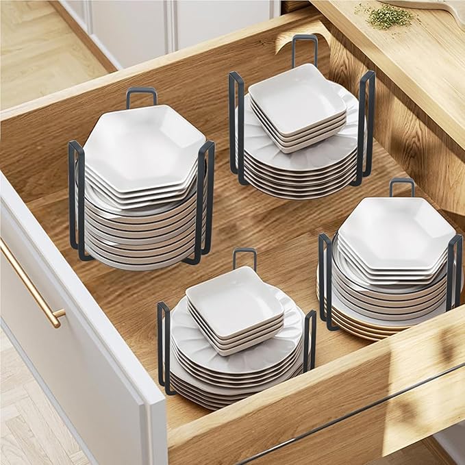 Dinnerware Bowl Plate Holder Fit for 6.5 Inches Diameters Bowl, Metal Bowl Storage Dying Display Rack for Kitchen Drawer, Countertop, Cabinet, Shelf, Cupboard (Black, Large 4PCS)