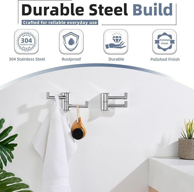 Polished Chrome Swivel Towel Hooks 2 Pack, 304 Stainless Steel Wall Mounted Foldable Double Coat Hooks, Max 11lbs Heavy Duty Bathroom Hand Towel Holders