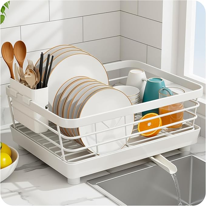 Dish Drying Rack for Kitchen Counter, Stainless Steel Sink Organization and Storage Essentials with Cutlery Holder, 9.05''W x 15.35''L, Stainless Steel Dish Strainer with Utensil Holder