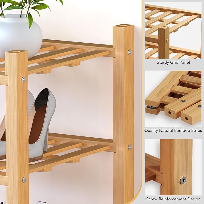 Haddockway Small 6 Tier Bamboo Shoe Rack Storage Organizer,Multifunctional Free Standing Stackable Shoe Shelf with Grid Panel for Closet,Hallway,Entryway,Small Space 18"x11"x34"