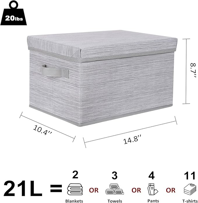 WUIKE Storage Bins with Lids, Collapsible Stackable Storage Bins with Handles, Clothing Storage Containers for Closet, Fabric Shelf Baskets, Large, Light Gray/Slub Gray, 3-Pack