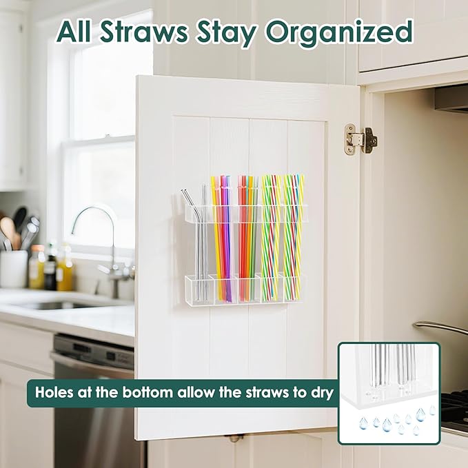 Straw Holder for Cabinet Door, 9.45âLarge Acrylic Reusable Tumbler Straw Organizer Storage Dispenser with Double Sided Adhesive,Under Cabinet & Wall Mount Drinking Straw Storage, Easy to Install