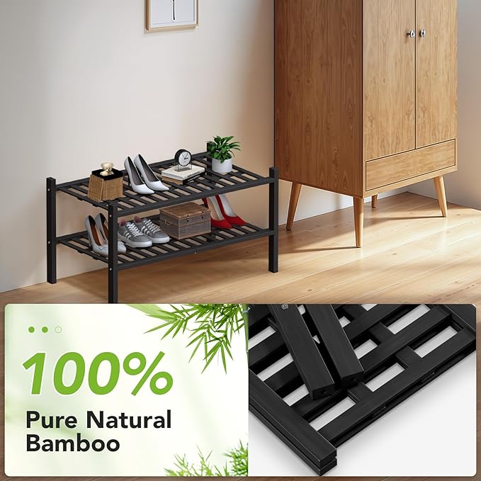 Haddockway Large 2 Tier Bamboo Shoe Rack Storage Organizer, Multifunctional Free Standing Stackable Shoe Shelf with Grid Panel for Closet,Hallway,Entryway,Small Space 27"x12"x14"