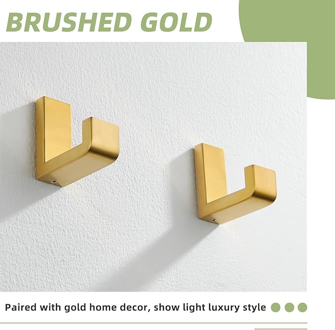 APLusee L Shape Bath Towel Hook 2 Pack, 304 Stainless Steel Coat Holder, Wall Mounted Storage Hanger for Bathroom Kitchen, Brushed Gold