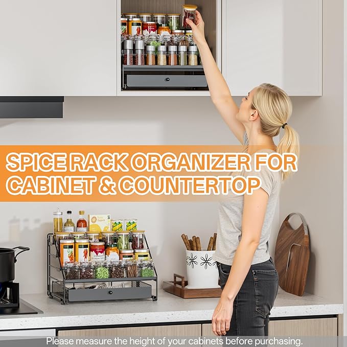 Spice Rack Organizer for Cabinet: 4 Tier Adjustable Spice Rack Organization with Drawer, Depth Metal Shelf for Kitchen Countertop, Cupboard, Pantry, Holds Seasoning and Condiments (Black)