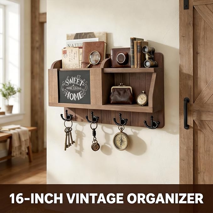 Rebee Vision Farmhouse Key and Mail Holder for Wall - Mail Organizer with Chalkboard and 4 Hooks - Rustic Home Decor for Entryway