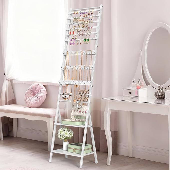 Jewelry Stand Organizer, Jewelry Holder Organizer, Floor Standing Jewelry Armoire White Large Hanging Jewelry Stand with Earring Organizer Necklace Holder