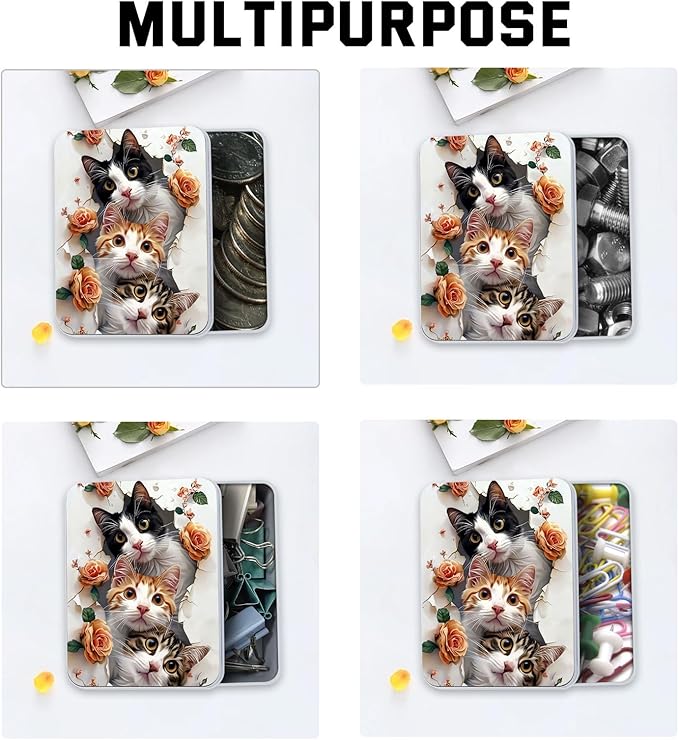 Metal Tin Box with Lid for Game Cards Home Organizer Candles Keys Crafts Storage - Equipped with 4 Magnetic Cord Clips，Cute Cats and Roses