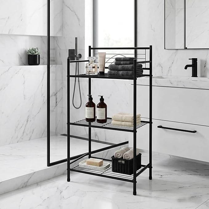 Bath Bliss 3 Tier Freestanding Bathroom Storage Shelf, Black Metal Organizer Rack | Rust Resistant Space Saving Bathroom Stand | Toilet Paper Towel Holder | Bathroom Organizer for Small Spaces