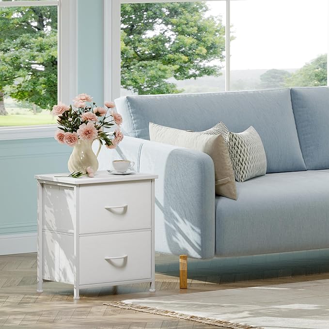 Somdot Nightstand Set of 2 with 2 Storage Drawers, Small Bedside Table End Table, Wooden Top Fabric Cabinet for Bedroom, Kids Closet, College Dorm, Entryway, White Leather
