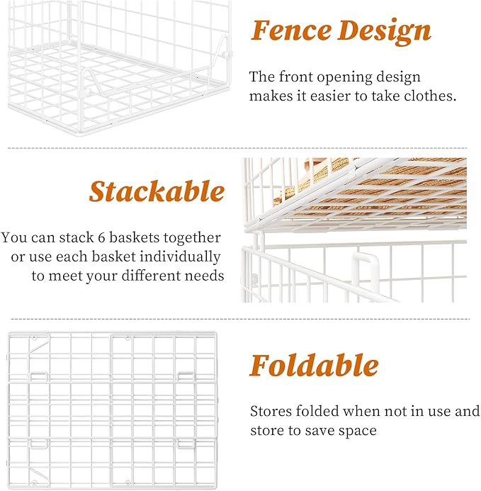 6-Tier Closet Shelf Organizer,Metal Stackable Closet Organizers and Storage,Clothes Storage Bins,Shelf Organizer Basket ,Folded Shelf Organizer for Closet Wardrobe,White
