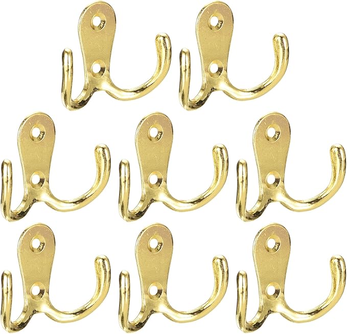 uxcell Wall Hooks, 8Pcs - Zinc Alloy Double Prong Retro Hook, Hooks for Hanging Towel Coat Backpack Clothes Scarf Keys Hat Cup (Gold)