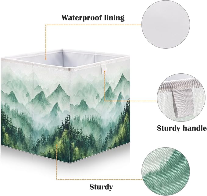 Blueangle Green Mountains Rectangle Storage Bin, 15.8 x 10.6 x 7 in, Large Collapsible Organizer Storage Basket for Home Décor