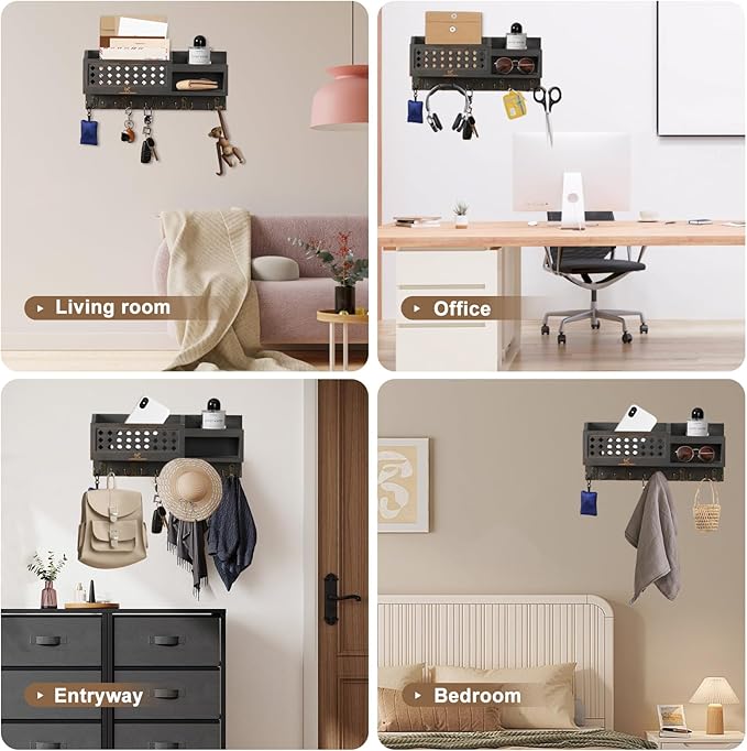 Key and Mail Holder Wall Mount - Mail Organizer Wall Mounted with Hooks and Storage Box, Key Rack for Entryway, Wall Mail Organizer for Home, Modern Farmhouse Decor, Easy Install Key Hanger (Black)