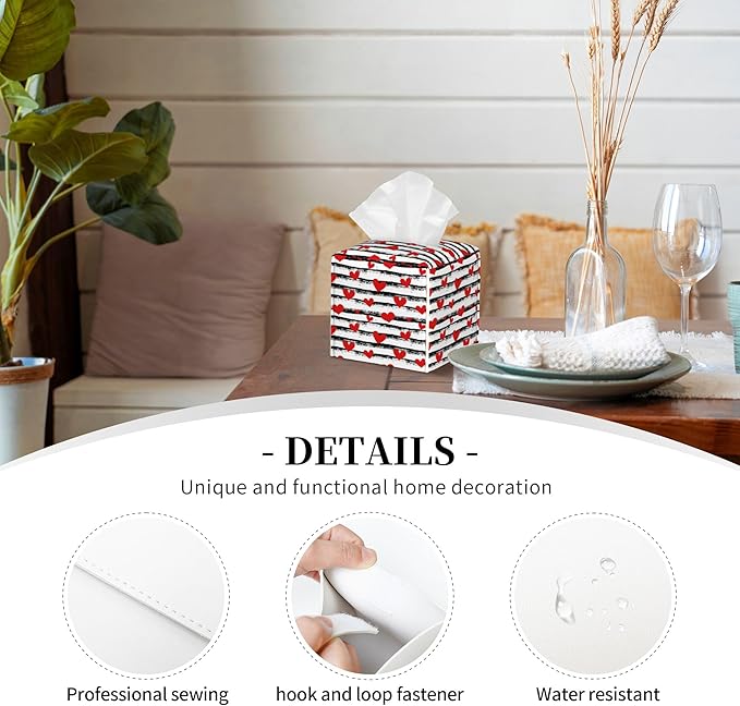 Tissue Box Holder Red Hearts on Black and White Stripes Tissue Box Cover Square Leather Tissue Holder Organizer Portable Decorative Facial Paper Case for Home Office Bathroom Vanity Countertop
