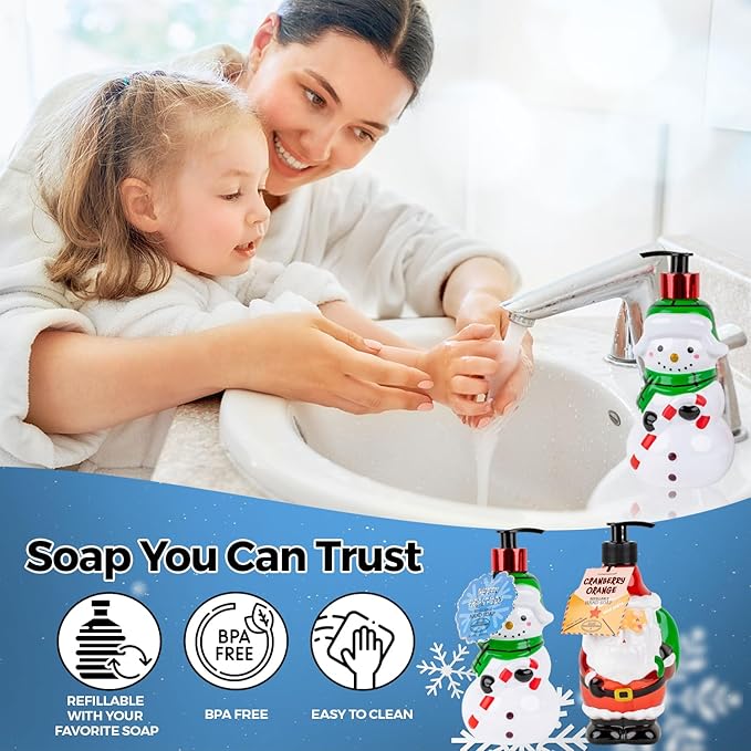 Simple Pleasures Snowman & Santa 2 Pack: Cranberry Orange Scented Decorative Refillable Soap Dispensers for Kitchen Countertops and Bathroom Sinks
