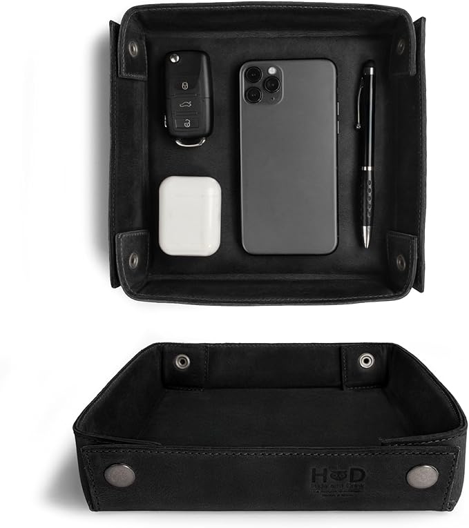 Hide & Drink, Leather Catchall Change Keys Coins Jewels Box Tray Big Storage, Handmade - Charcoal Black