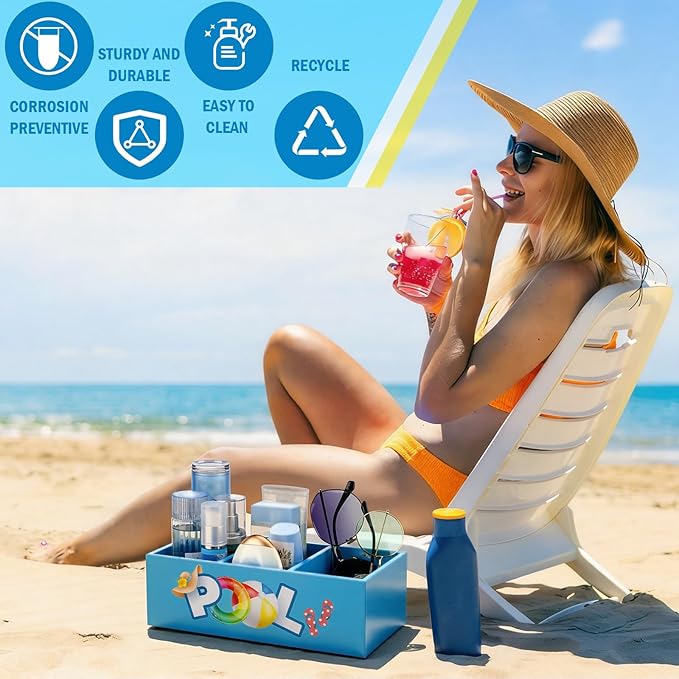 Pool Storage Basket Summer Swimming Pool Wooden Box with 3 Compartments Colorful Toilet Tank Tray for Indoor Outdoor Summer Beach Decor Sunblock Sunglasses Flip Flop Storage Box