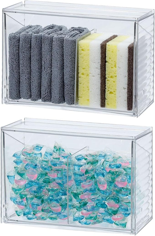 2 Pack Clear Dishwasher Detergent Pod Holder for Under Sink, Adhesive Cabinet Door Storage and Organizer for Kitchen and Bathroom, Plastic Laundry Pods Dispenser Box