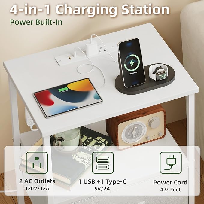 Somdot White Nightstand with Charging Station and LED Light for Bedroom, Tall 4 Drawers Dresser with Fabric Bins for Bedside Kids Dorm Room Closet Laundry Entryway, White Leather
