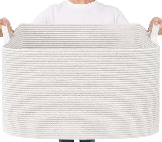Goodpick 85L Large Woven Blanket Basket 23.6" x 15.7" x 13.8" Cotton Rope Storage Baskets for Organizing, Soft Dirty Clothes Basket for Bedroom Bathroom, Toy Baskets Storage Kids, White