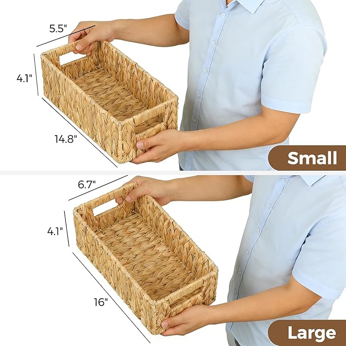 Toilet Paper Storage Basket for Bathroom, Water Hyacinth Toilet Tank Baskets Organizer, Wicker Small Basket Woven Long Narrow Baskets for Back of Toilet Both Storage&Decor, Set of 2