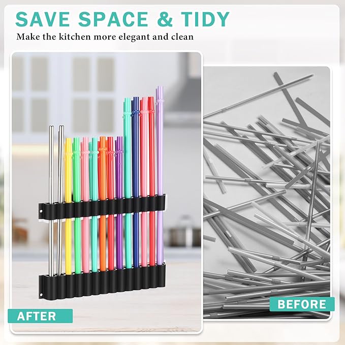 Baderke Straw Holder for Cabinet Reusable Straw Organizer with Double Sided Adhesive Tape Screws Storage Container for Kitchen Counter Cupboard(Black,Classic)