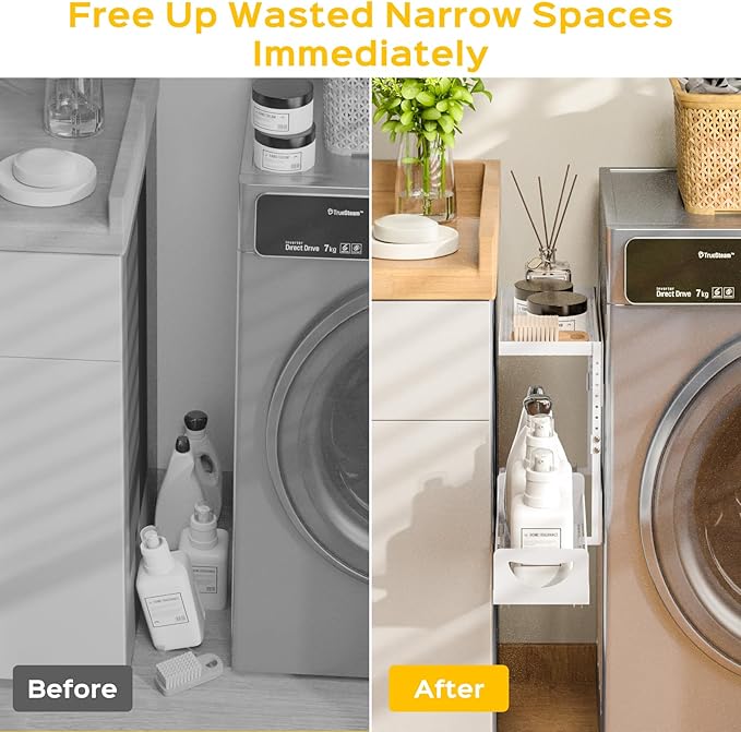 2 Tier Magnetic Storage Shelf with Pull Out Drawer, Height Adjustable Magnetic Organizer for Washing Machine & Fridge Side, No Drill Magnetic Rack for Laundry Room, Kitchen Storage (White)