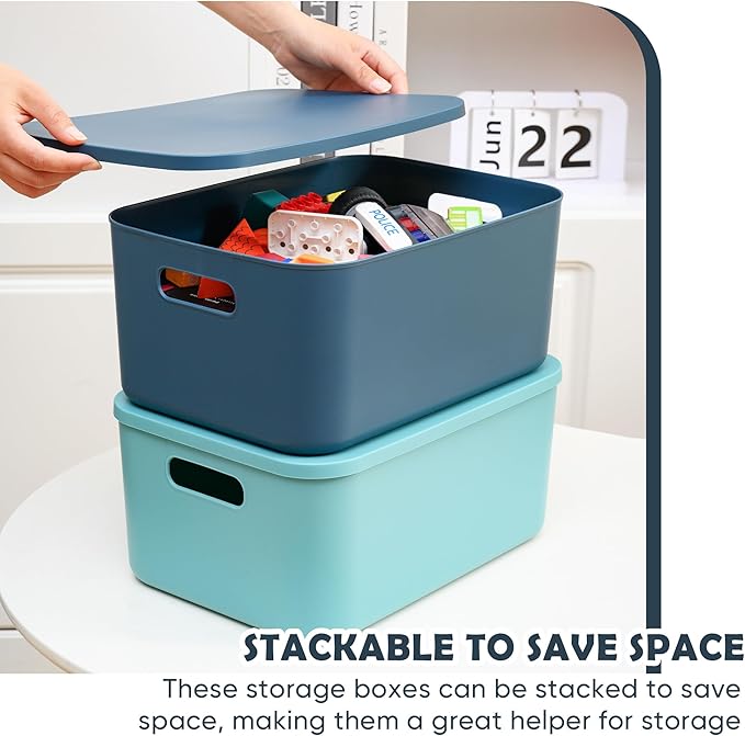 Plastic Storage Bins with Lid, Stackable Storage Containers for Organizing, Decorative Storage Baskets for Shelves Living Room Playroom Classroom Office (Medium 2PCS (Blue+Green))