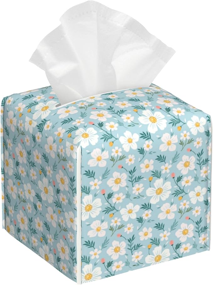 Tissue Box Cover White Flowers Leather Tissue Box Holder Cube Paper Case Cover Facial Paper Organizer Dispenser for Bathroom, Vanity Countertop, Office Desk