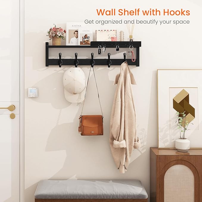 Homode Coat Rack with Shelf, 29 Inch Long Wooden Coat Hanger Wall Mount with Key Rack and Mail Holder, Entryway Wall Hooks with Shelf for Bathroom Living Room Bedroom Hallway Kitchen, Black