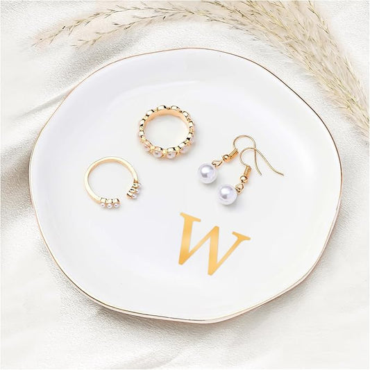 ProCase Ceramic Jewelry Tray, Initial Ring Dish Trinket Plate Engagement Gift, Small Personalized Monogram Ring Bowl for Wedding, White Decorative Jewelry Holder for Women Vanity -Letter W