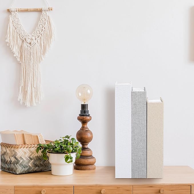 Tioncy 3 Pcs Fake Book Box Neutral Linen Book Box Decorative Faux Prop Storage for Farmhouse Home Decor shelf Table Card Photo DIY Keepsake Gift(Multi Sizes,Rice White, Light Grey and White)