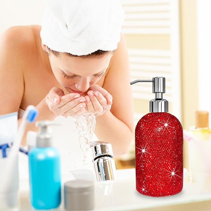 SlowVibes 18Oz Bling Red Soap Dispenser with Rust Proof Stainless Steel Pump,Refillable Liquid Hand Wash Bottle for Bathroom Kitchen,Sparkle Decorative Shower Dispenser,Rhinestone Lotion Dispenser