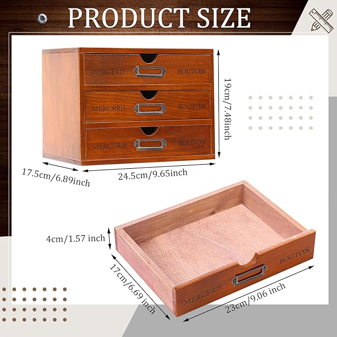 Wesiti 3 Drawer Vintage Wooden Desk Organizer, Apothecary Cabinet Storage Drawers, Rustic Shelf Drawer, Home Office Organizers and Accessories, Embroidery Floss, Craft, Art, Jewelry Storage, Stackable