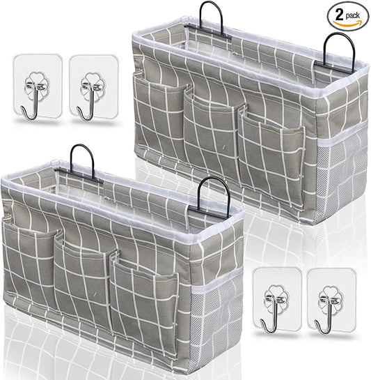 2pcs Light-Style Wall Hanging Storage Bag, Linen Fabric Door Hanging Organizer Baskets with Pockets, Waterproof Bin for Bedroom, Kitchen, Office, RV Camper (GreyGrid-2pcs)