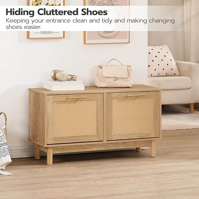 HOOBRO Shoe Storage Bench Entryway, Rattan-Like Shoe Bench with Flip Drawers, Narrow Shoe Rack Bench, Shoe Cabinet with Rattan Doors, Wooden Shoe Organizer for Entryway Hallway, Natural NL51HX01