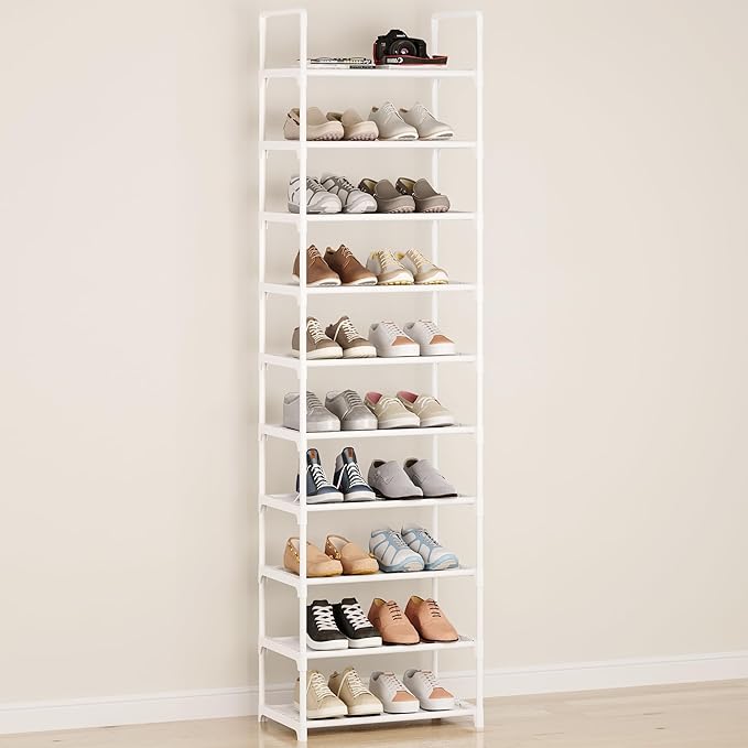 10-Tier Tall Shoe Rack, Adjustable 20-25 Pairs Shoe Shelf Storage Organizer for Entryway Hallway Closet Bathroom Living Room (White)