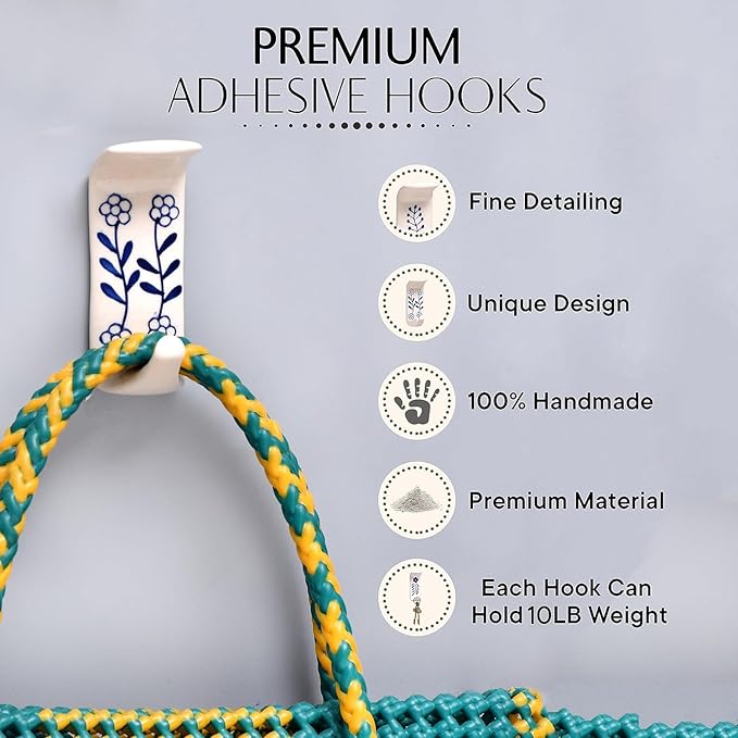 Indian Shelf Boho Ceramic Adhesive Wall Hooks - Damage-Free Decorative Blue Pottery Hangers for Keys & Towels, Renter-Friendly Stick-On Home Décor - 3 Hooks with 6 Strips(Style 7)