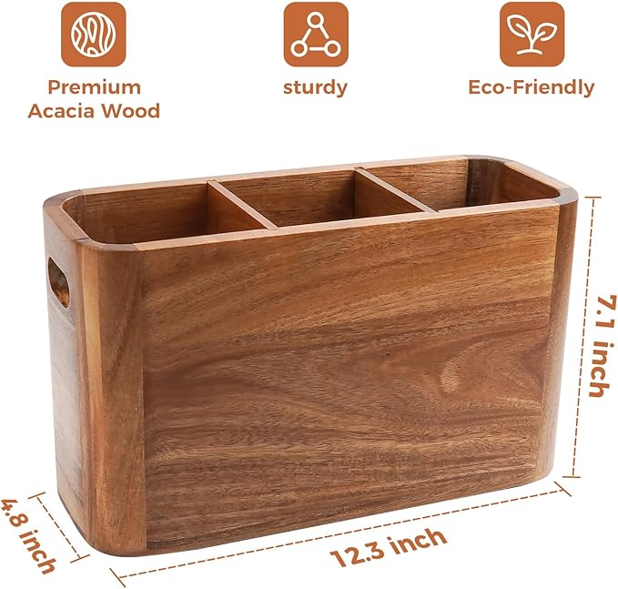 Large Acacia Wood Utensil Holder with 3 Compartments for Kitchen Counter, Extra Large Farmhouse Wooden Utensil Organizer for Cooking Tools and Silverware