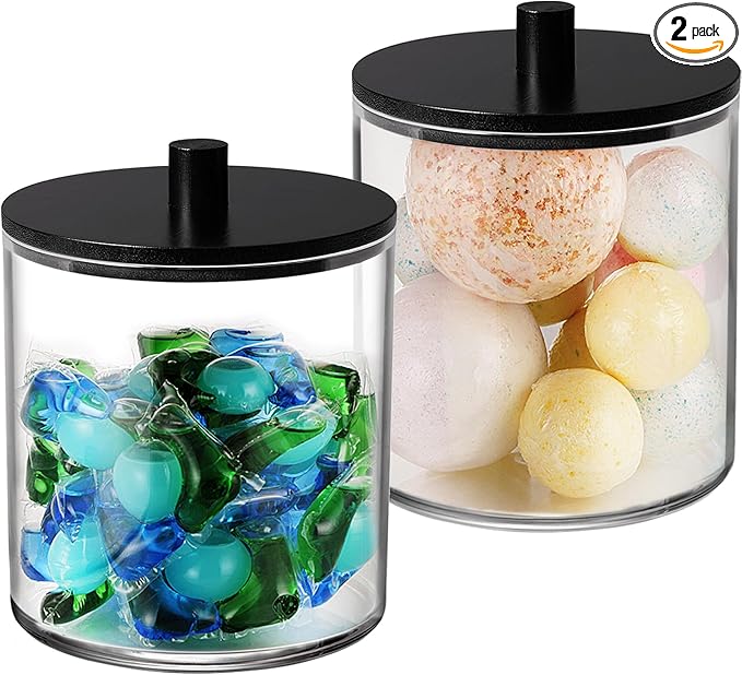 SheeChung 2 Pack 50oz Matte Black Bamboo Lid Apothecary Jar, Modern Laundry Pods Container, Industrial Organization & Storage Jar, Shatterproof Plastic Canister for Scent Beads with Stickers & Spoon
