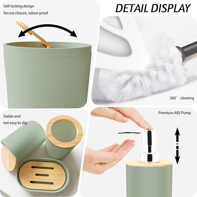 Lnond Sriral Green Bathroom Set, Green Abstract Cubes Bathroom Accessories Sets Complete, Luxury Restroom Set with Shower Curtain and Rugs, Trash Can, Toilet Brush Holder Set & Soap Dispenser