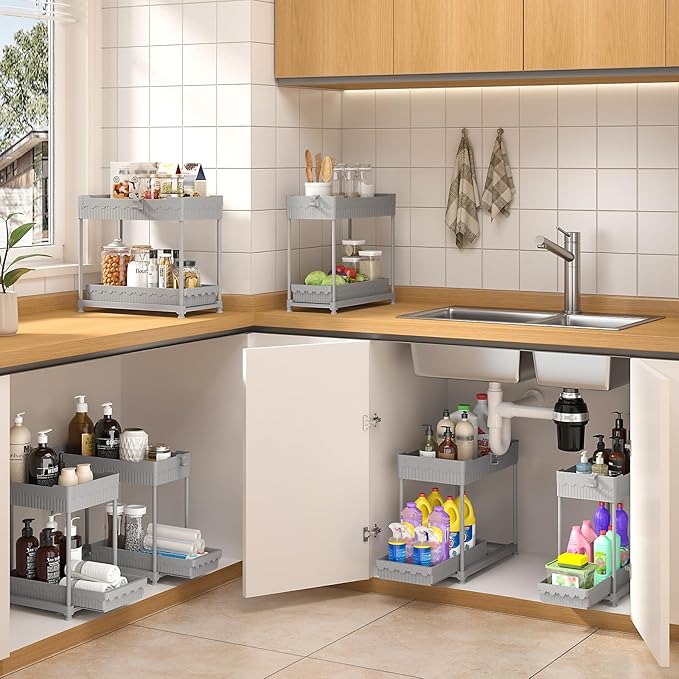 3 Pack Under Sink Organizers, 2-Tier Multi-Use Kitchen and Bathroom Organizers and Storage with Sliding Drawers, Bathroom Cabinet Organizer (Gray, 12.8 Inch)