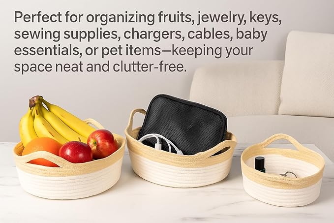 Set of 3 Paper Rope Storage Baskets with Handles – Handwoven Decorative Organizer Bins for Shelf, Closet, or Laundry – Natural Beige & White Home Decor Baskets-White