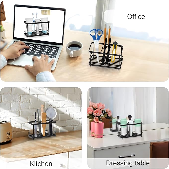 Toothbrush Holders for Bathrooms, 7 Slots Stainless Steel Toothbrush Toothpaste Holder, Bathroom Accessories Organizer Accessories with Tray for Countertop & Sink Black